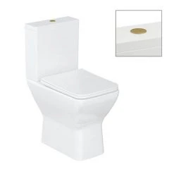 Britton Shoreditch Square Close Coupled Rimless Toilet with Brushed Brass Flush Button + Soft Close Seat